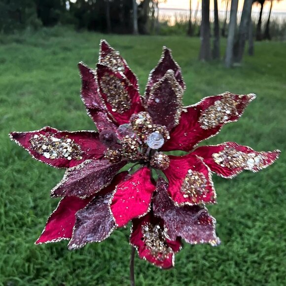 Glitter Edge Jewel Poinsettia Stem Home Christmas Tree Decoration Craft Supplies - Picture 9 of 10